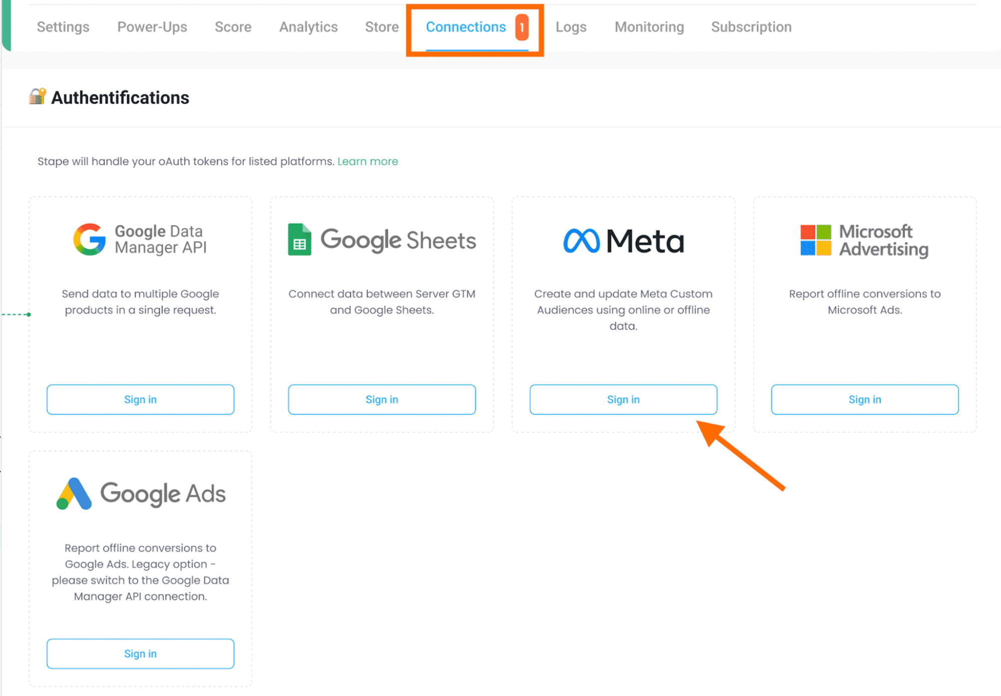 Meta Connection in the Connections tab