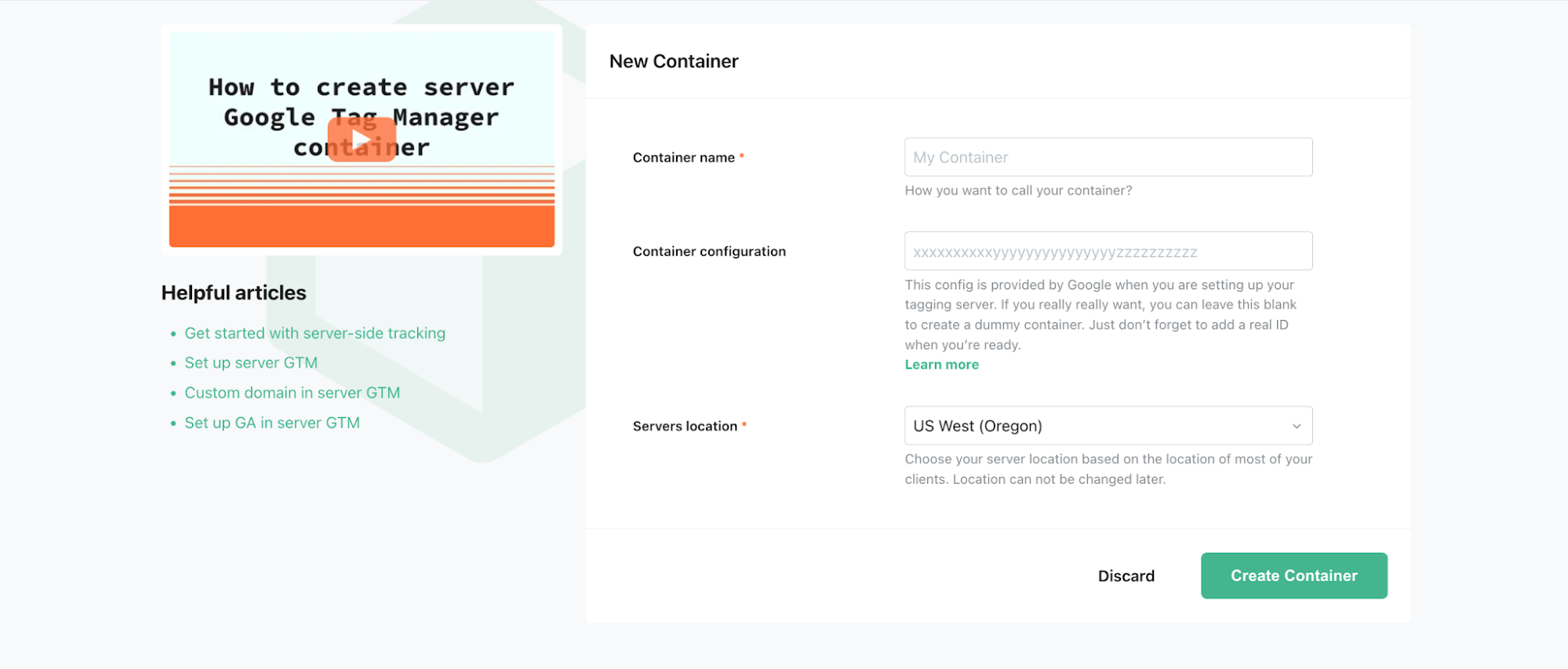 In the main menu, click sGTM → Create container on the top right.