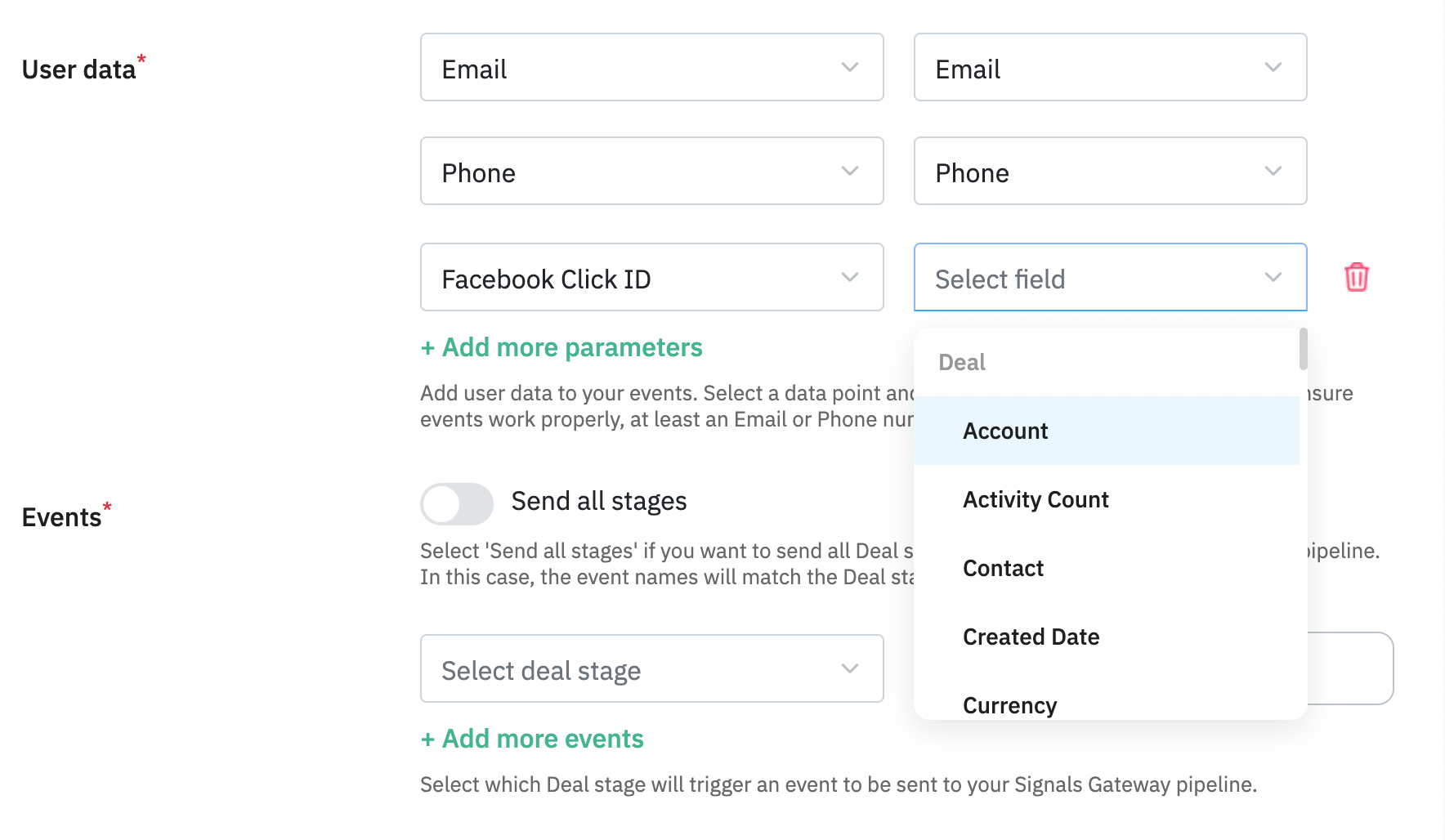 User data configuration
