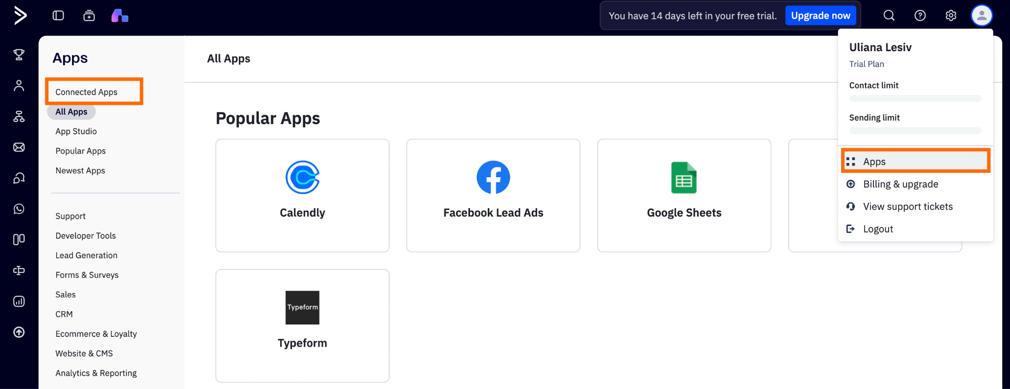 Connected Apps in the ActiveCampaign account