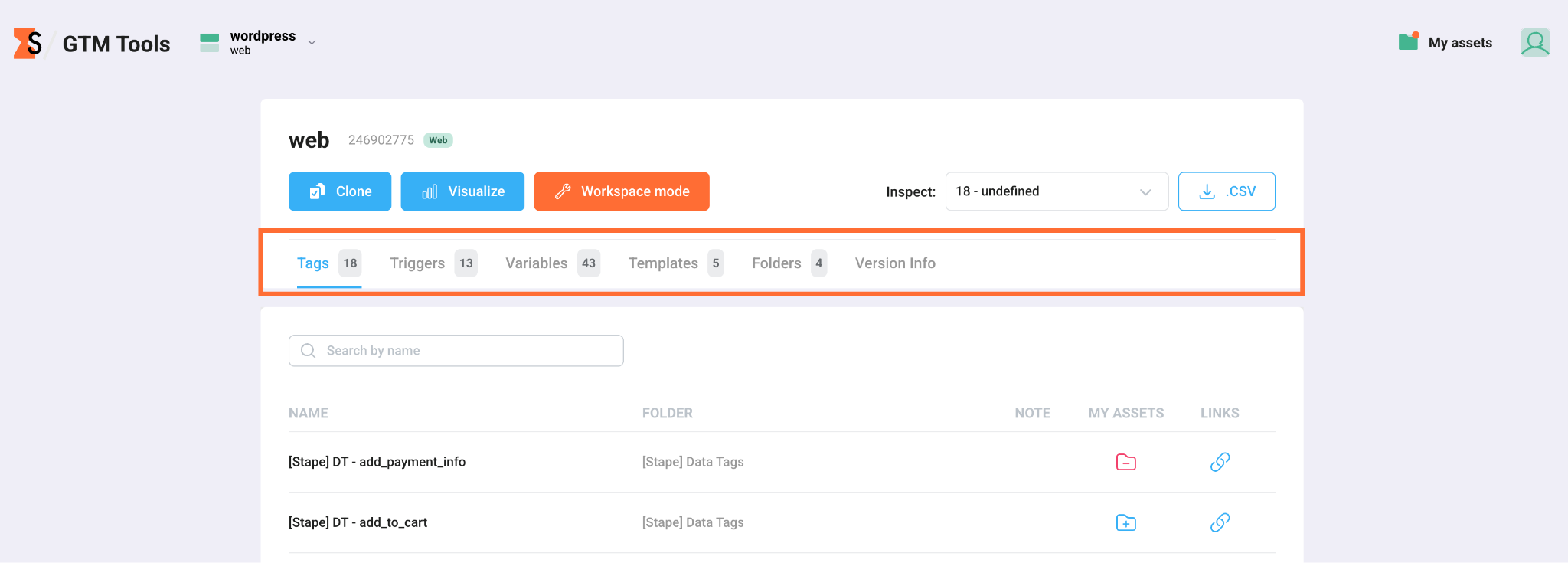 Asset tabs