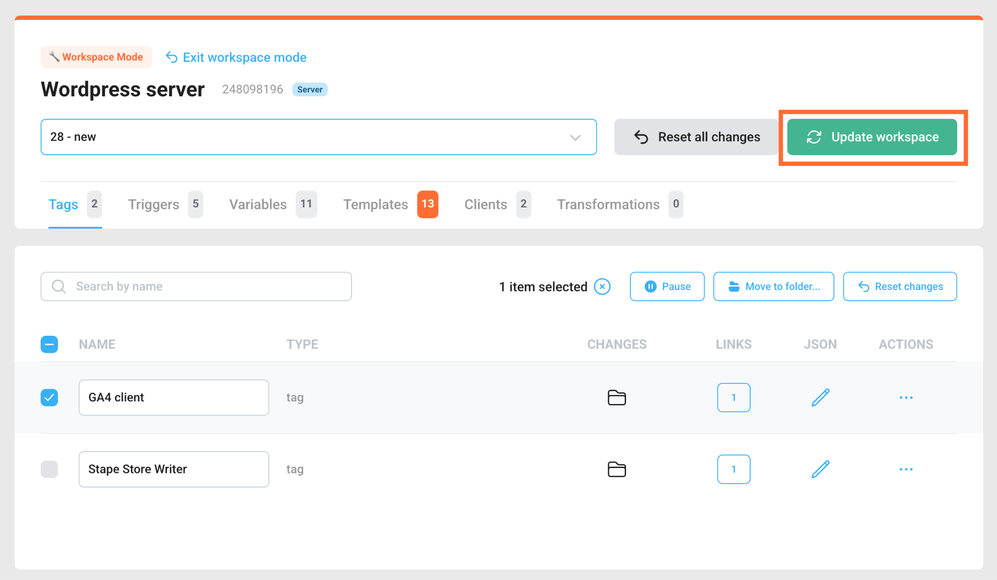 Click Update workspace