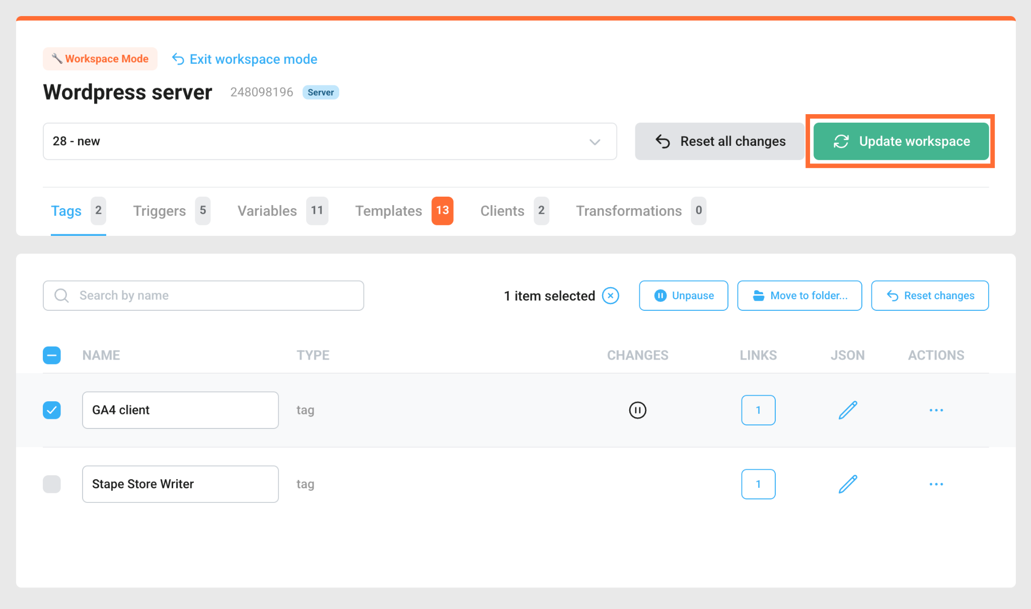 Click Update workspace