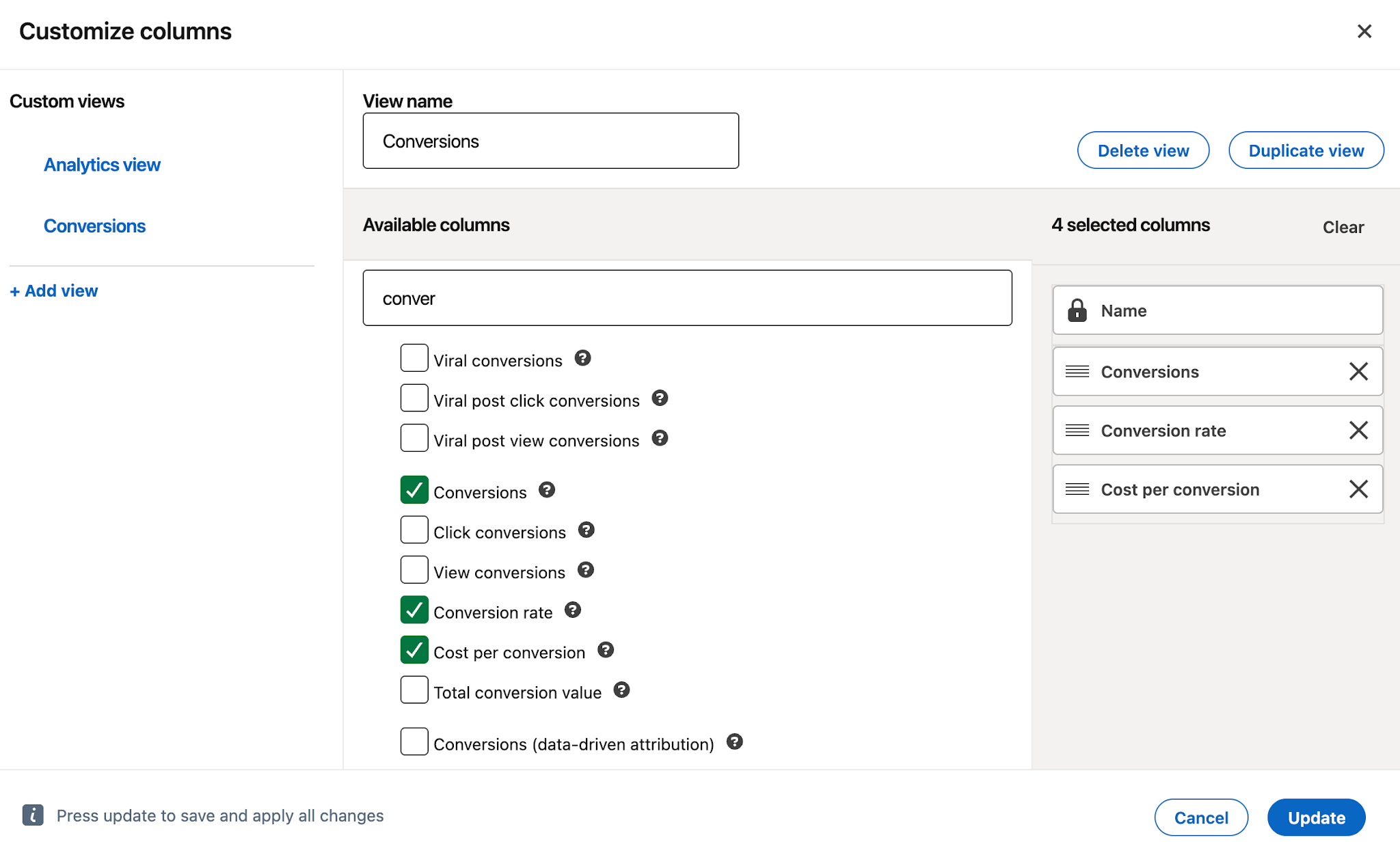 Reported conversions, conversion rate, and cost per conversion