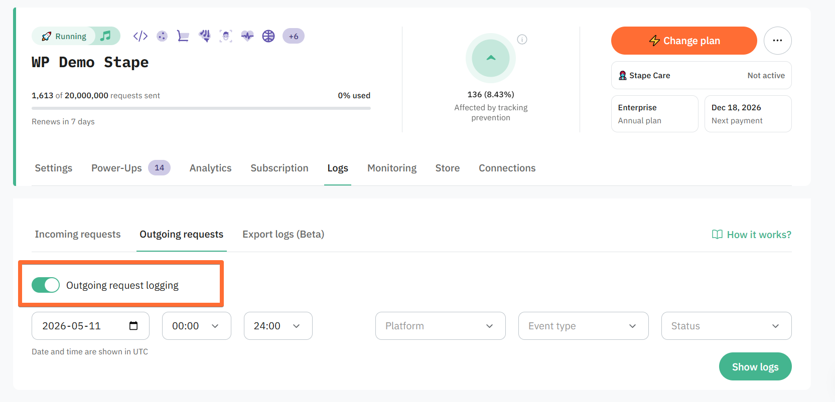 Interruptor de «Outgoing request logging»