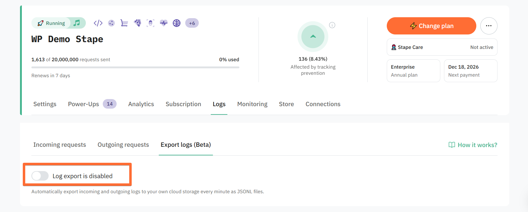 Interruptor de exportación de logs 