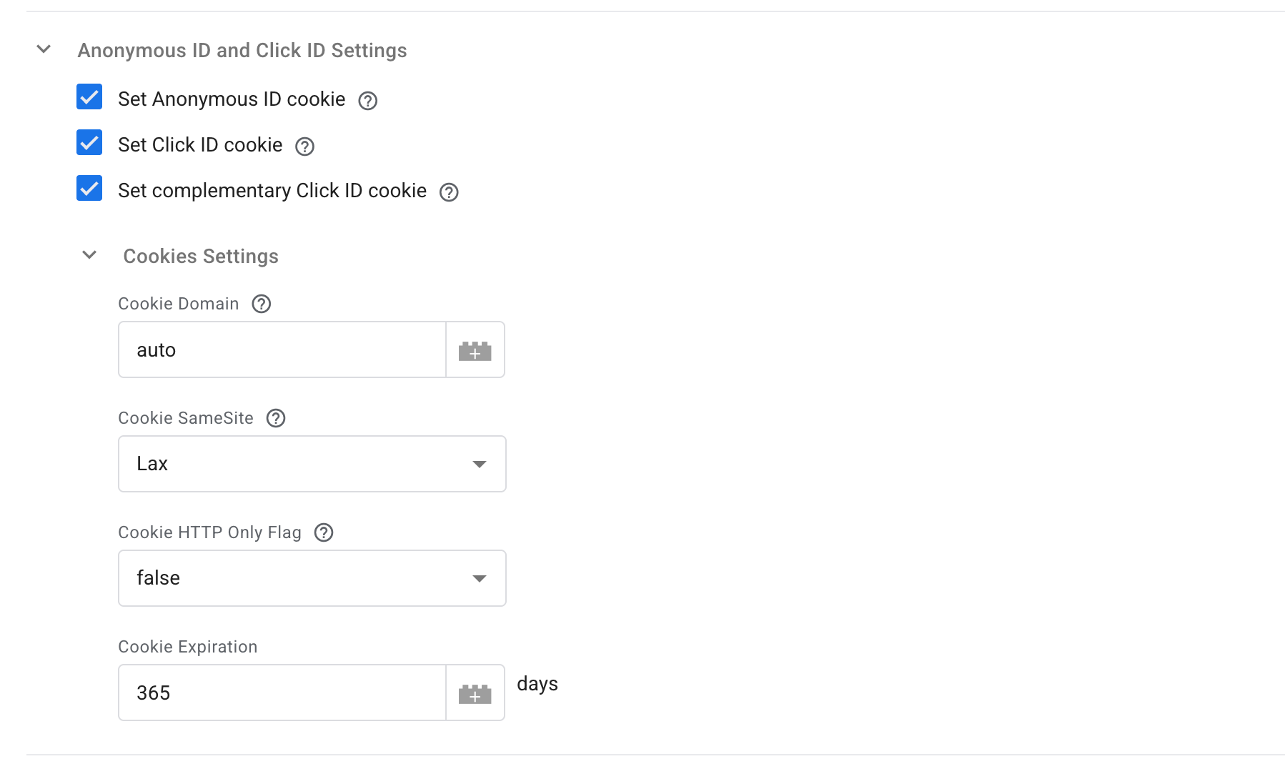 Anonymous ID and Click ID Settings