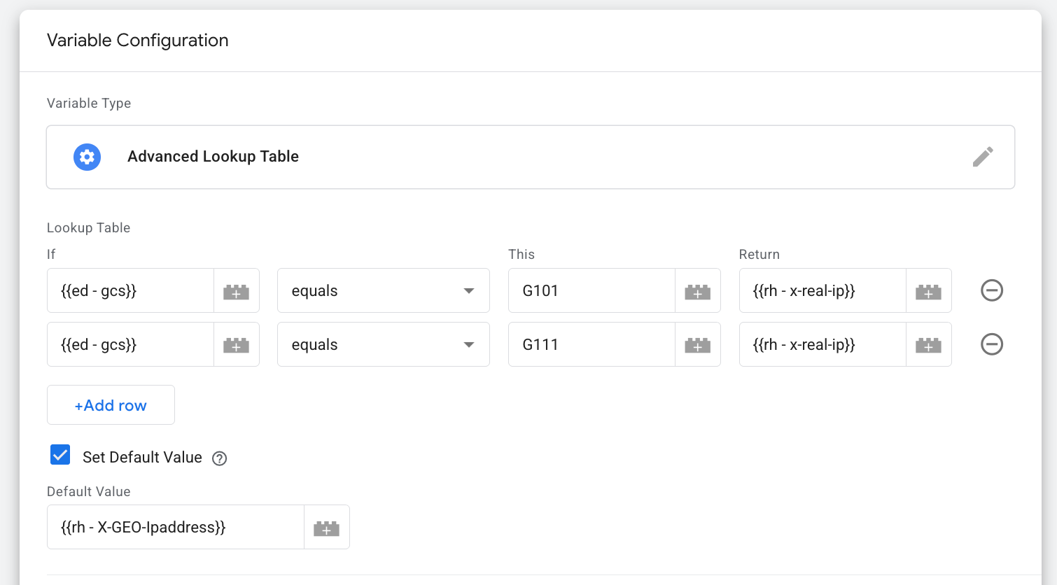 configured Advanced Lookup Table variable