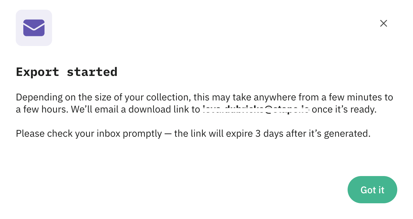 Message that the export has started