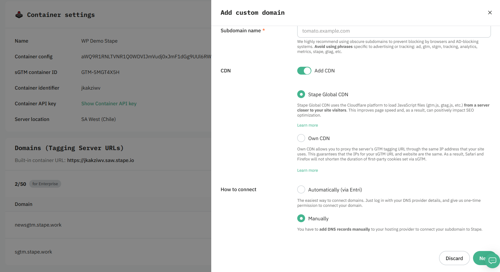 Manual connection selected