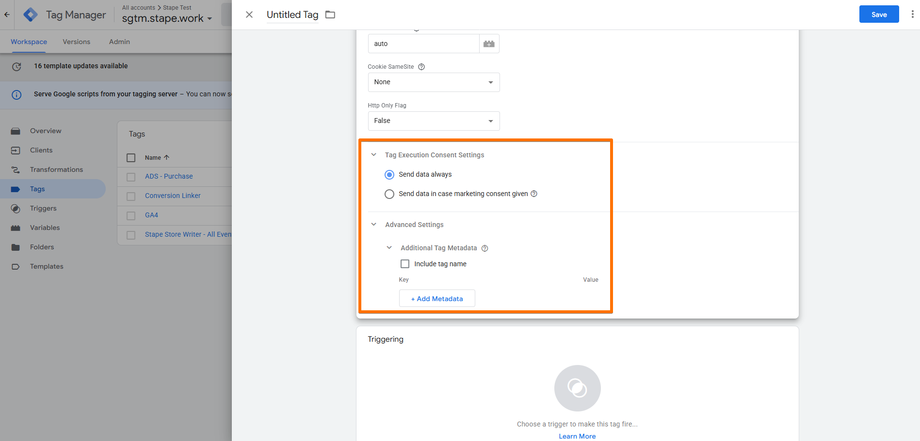 Consent and Advanced settings