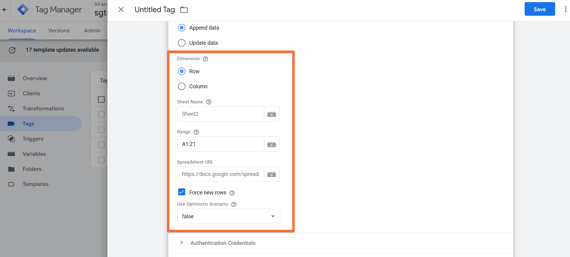 Configuring the Google Sheets tag