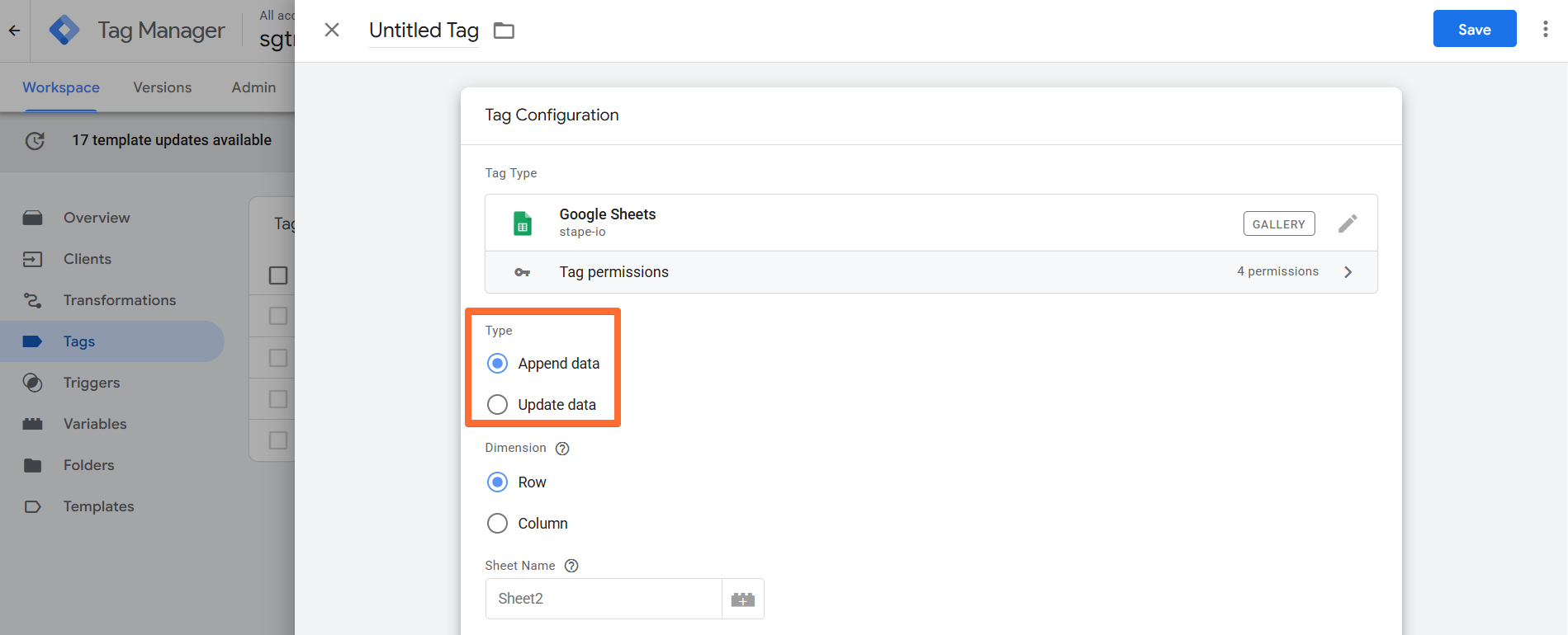 Configure the Google Sheets tag Type parameter