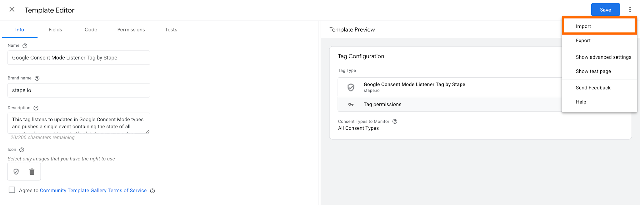 Upload the tag template into the web GTM container workspace.