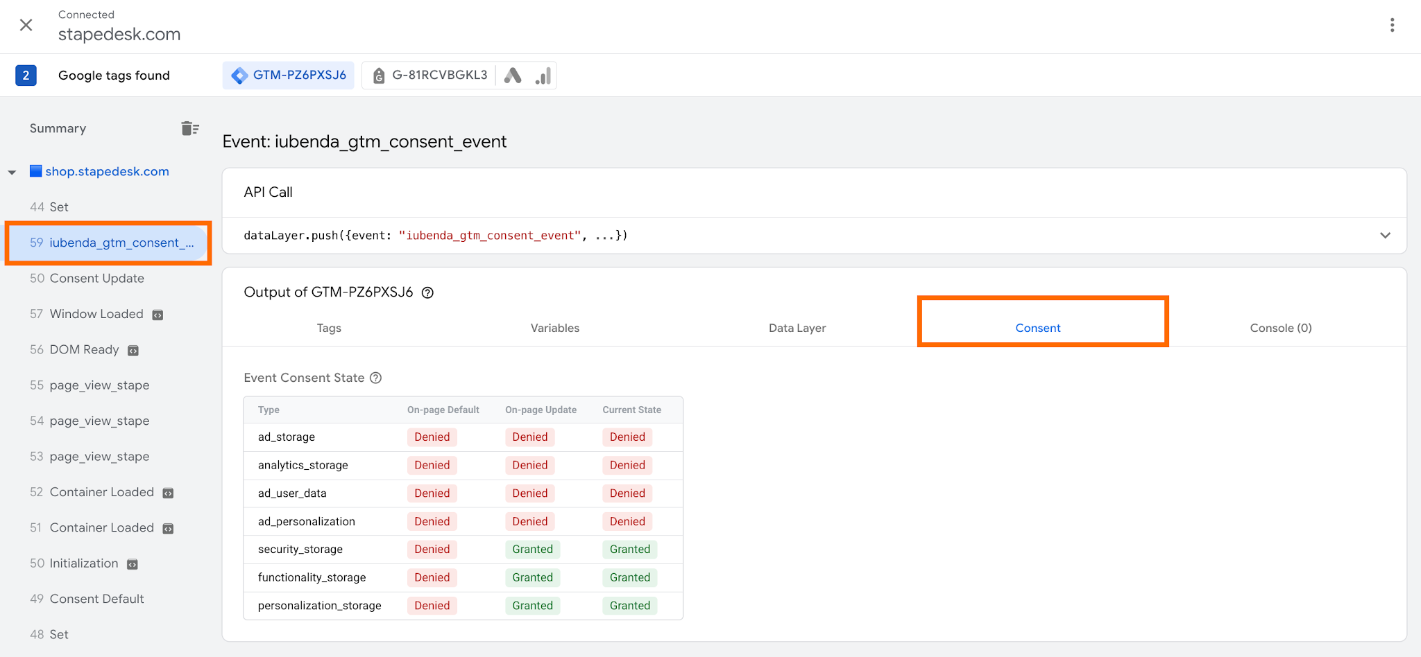 Interact with the consent banner and check the results in the debug window.