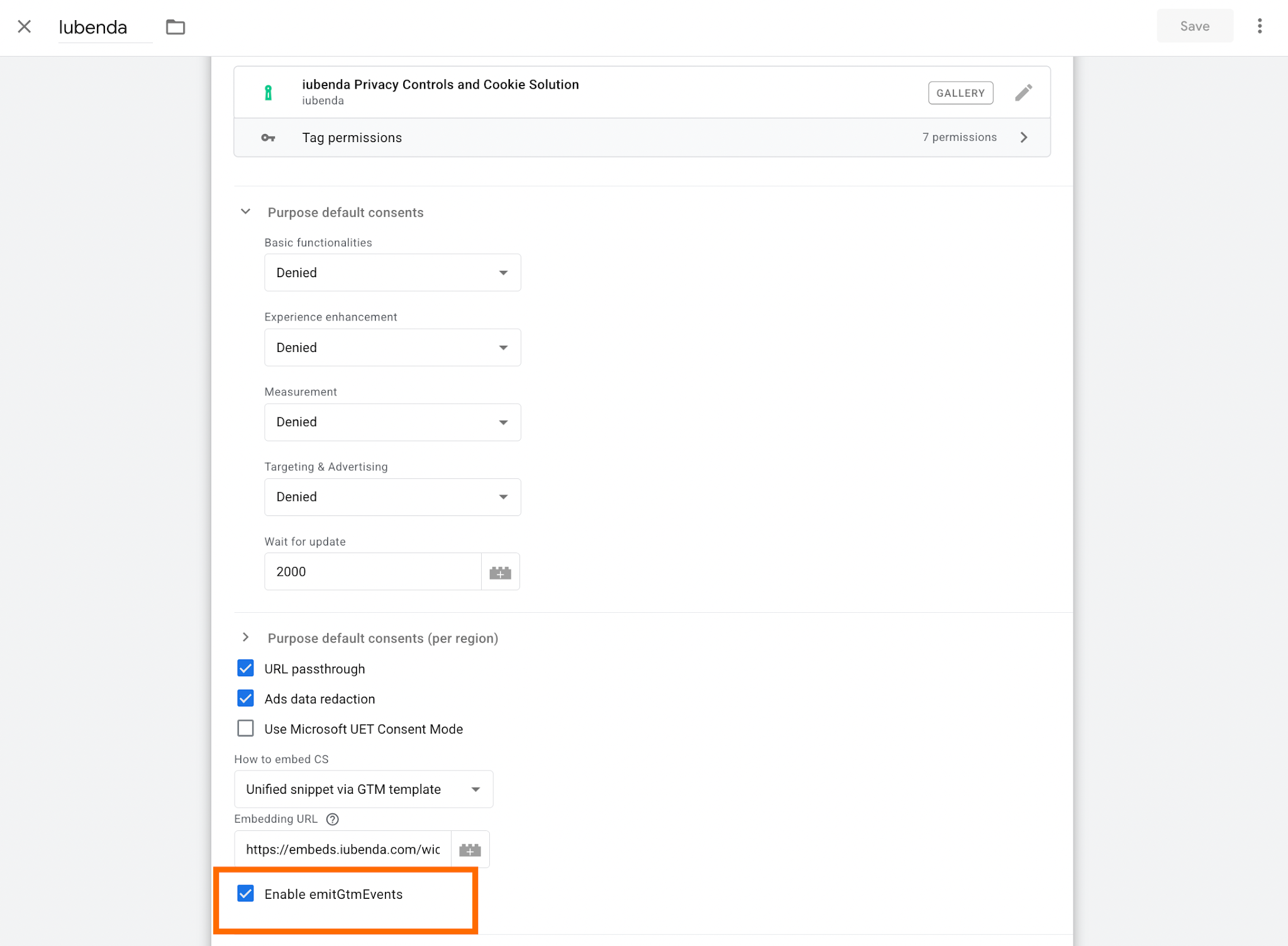 Iubenda's GTM tag has a checkbox to enable the event push; without checking this box, no event will be pushed to dataLayer:
