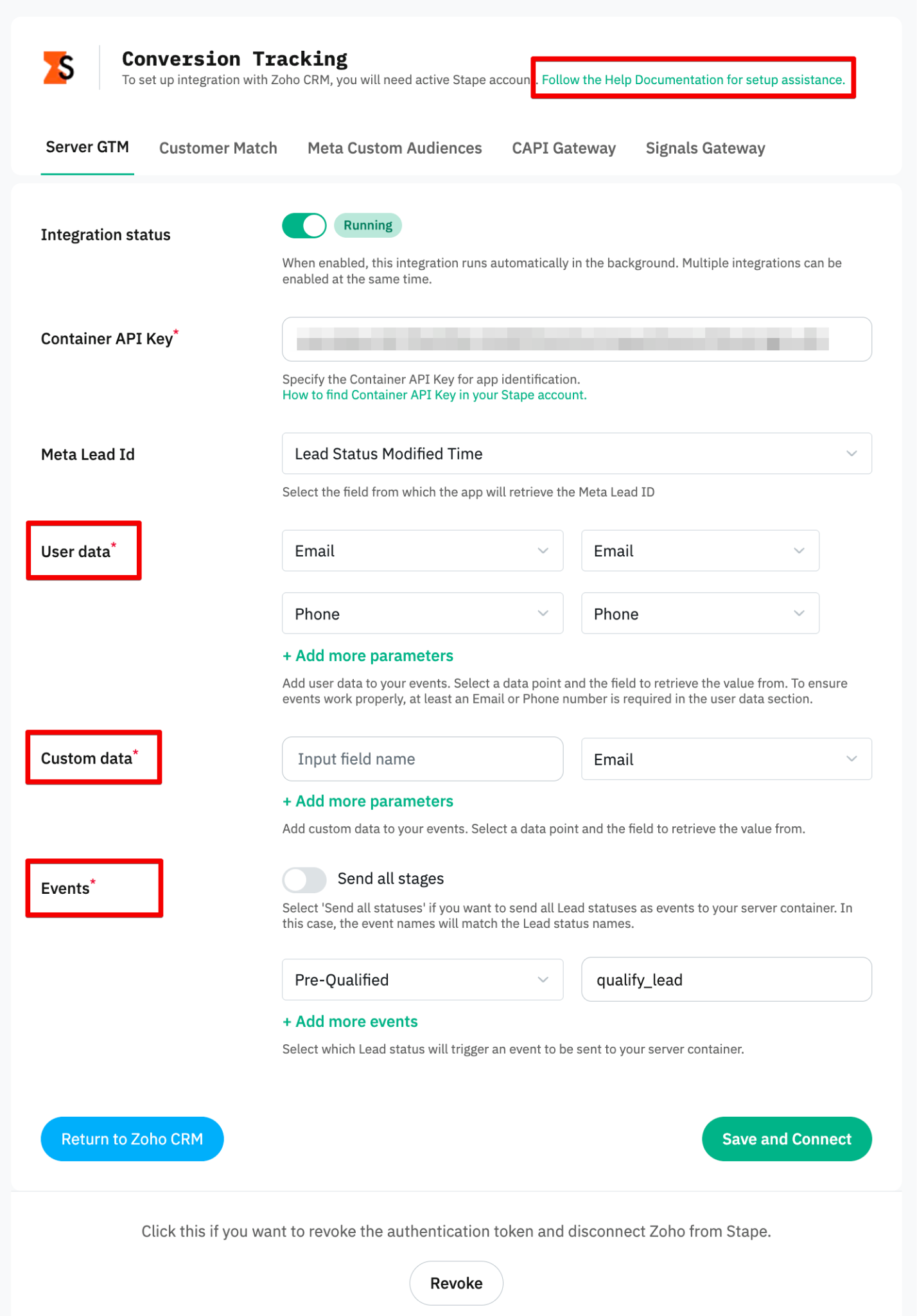 Stape Conversion Tracking Zoho CRM app setup screen