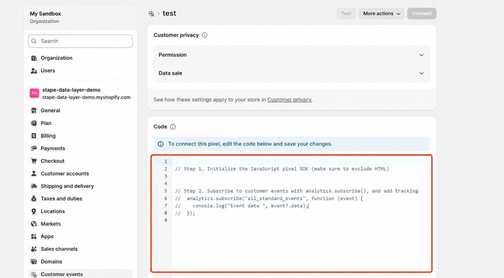 Code in the custom pixel editor